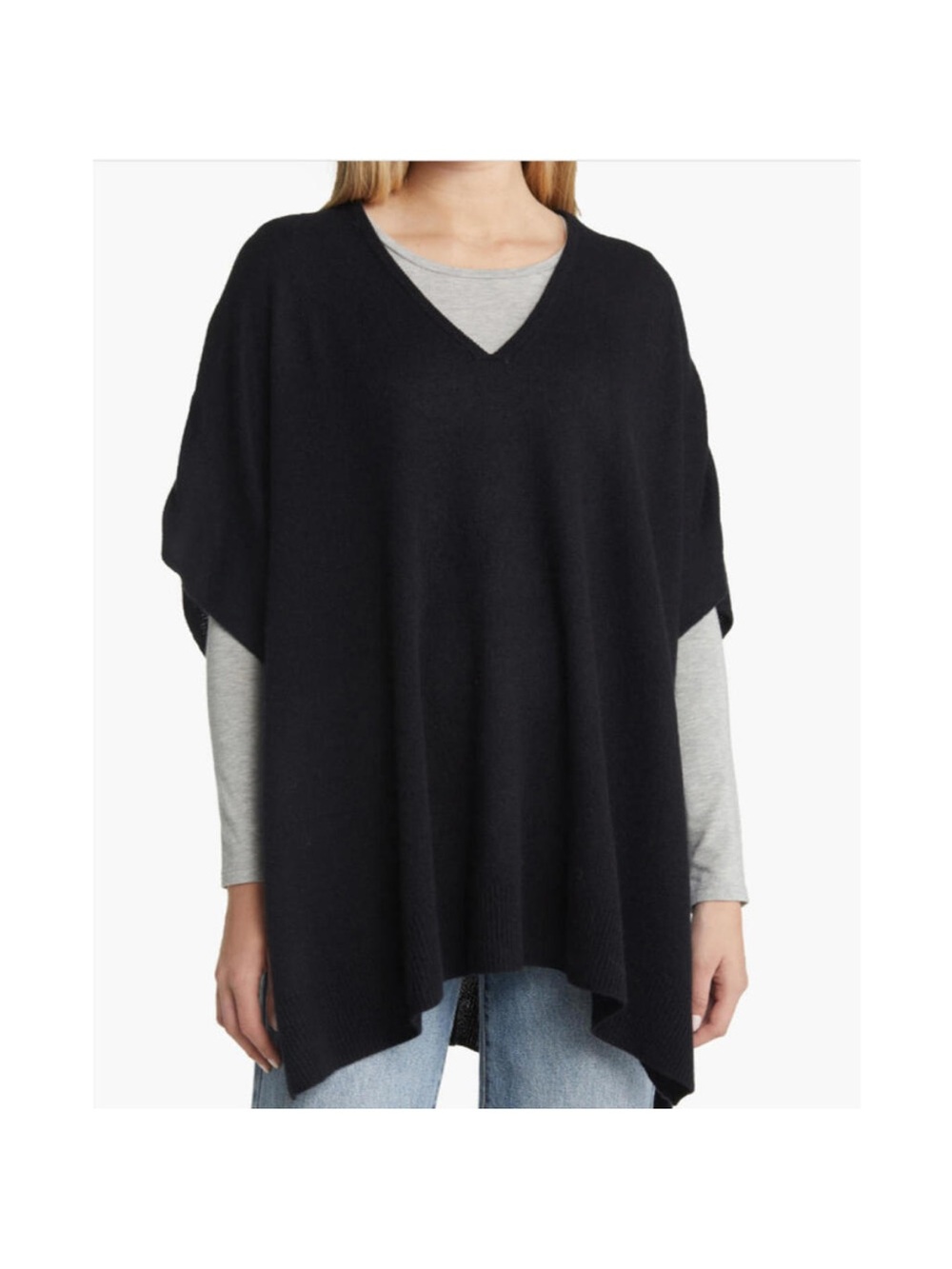 Nordstrom Black V-Neck Knit Poncho Sweater Cashmere Wool
